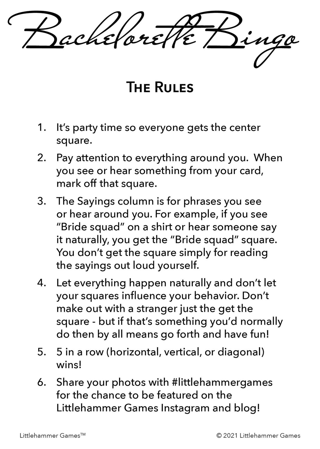 Bachelorette Bingo rules card with black text on a white background