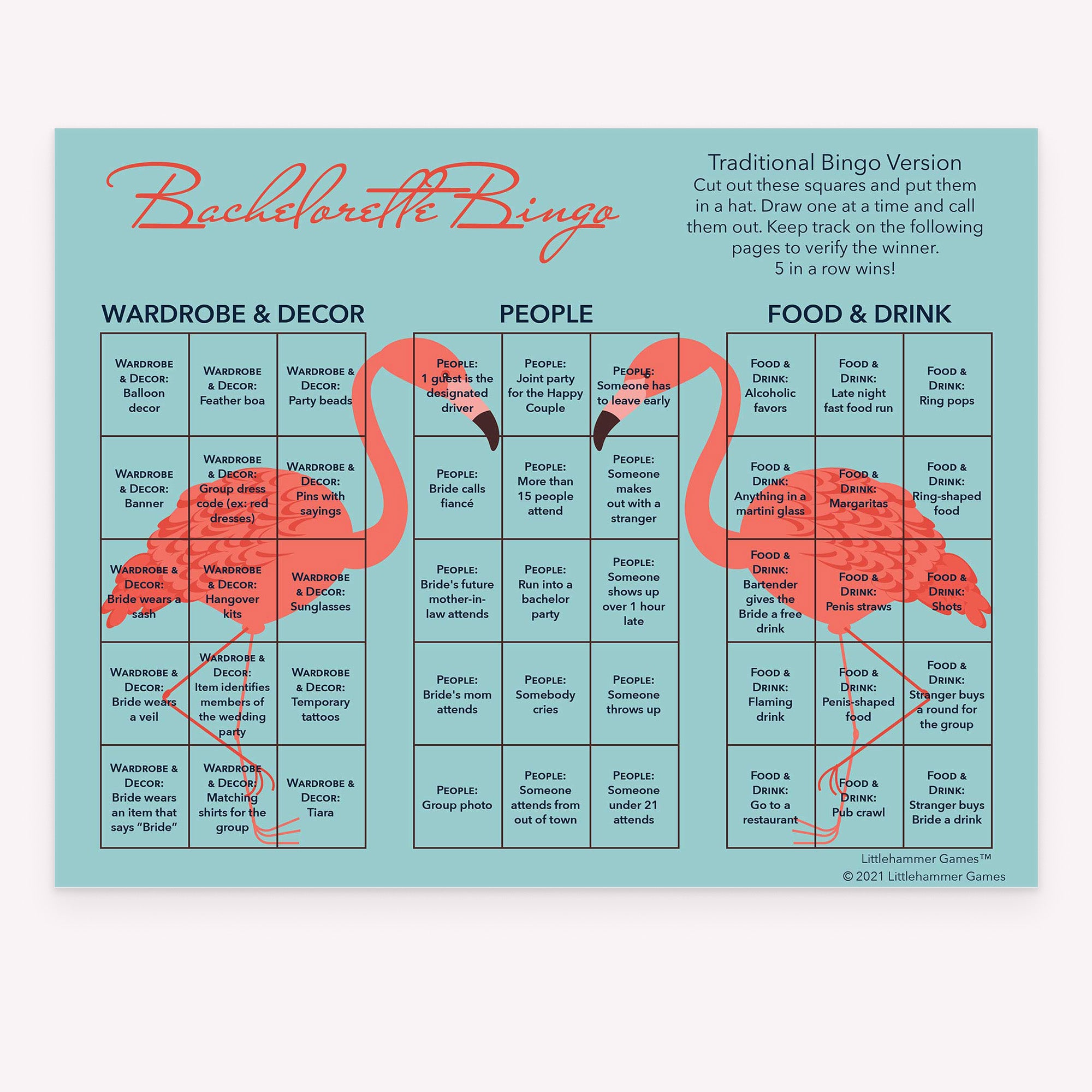 Bachelorette Bingo calling card with a bright flamingo on a blue background