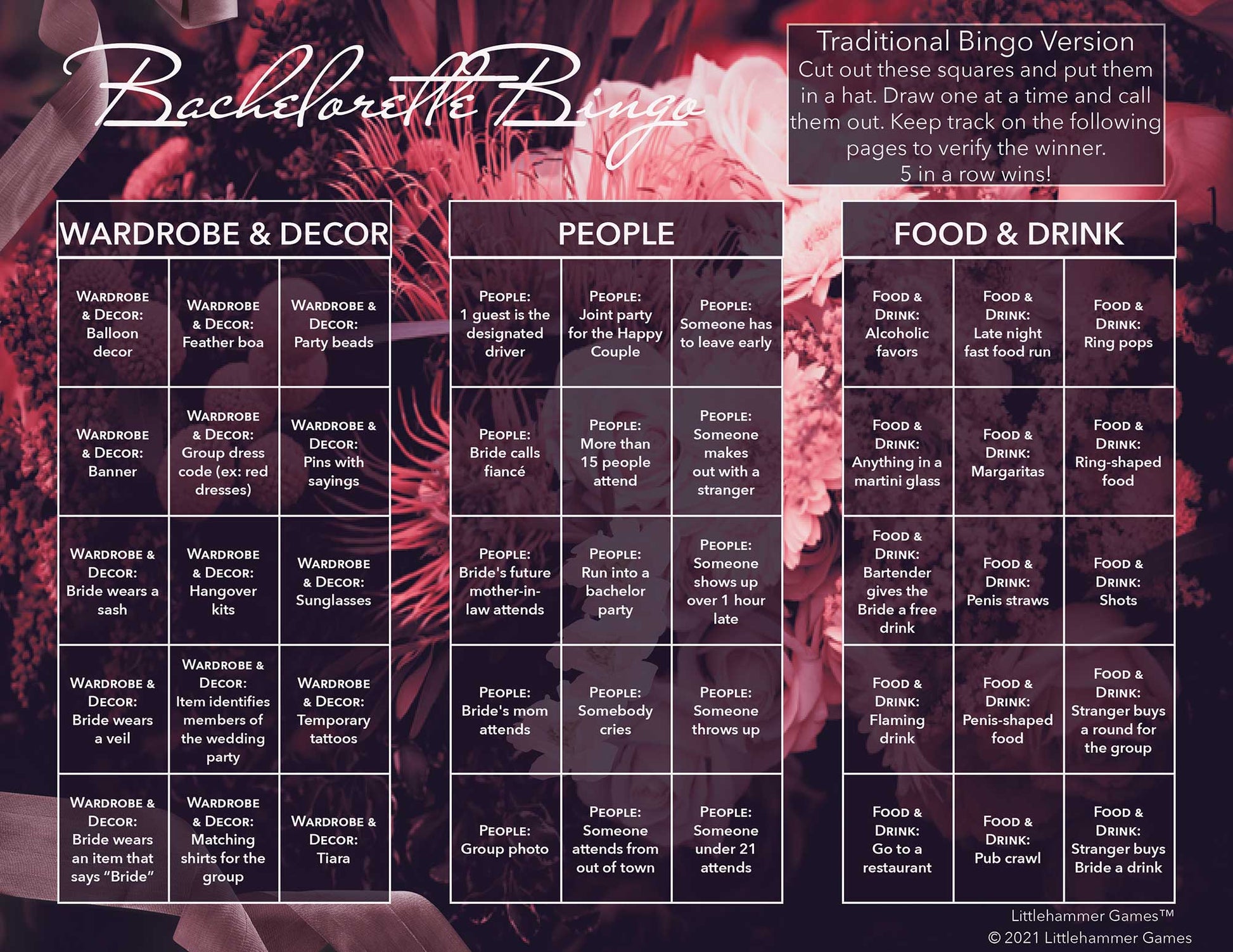 Bachelorette Bingo calling card with white text on a dark floral background