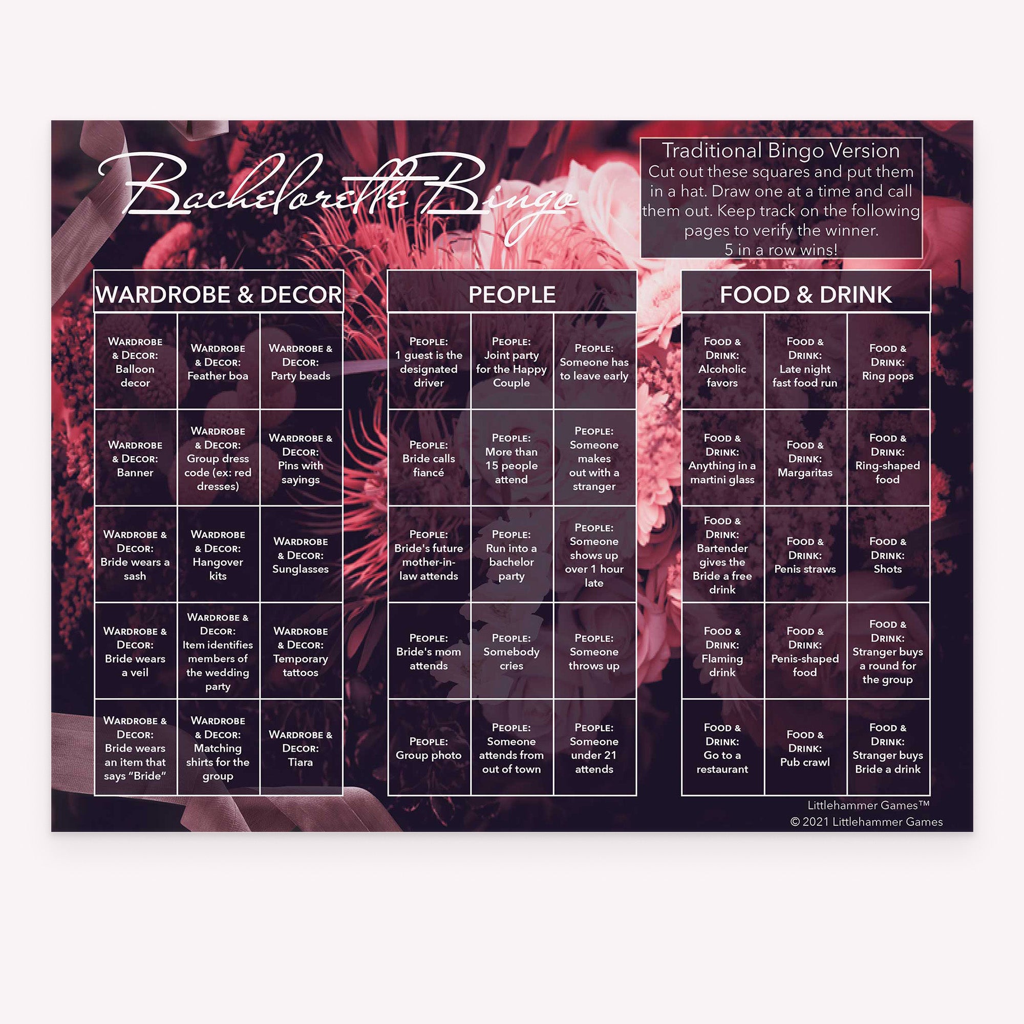 Bachelorette Bingo calling card with white text on a dark floral background