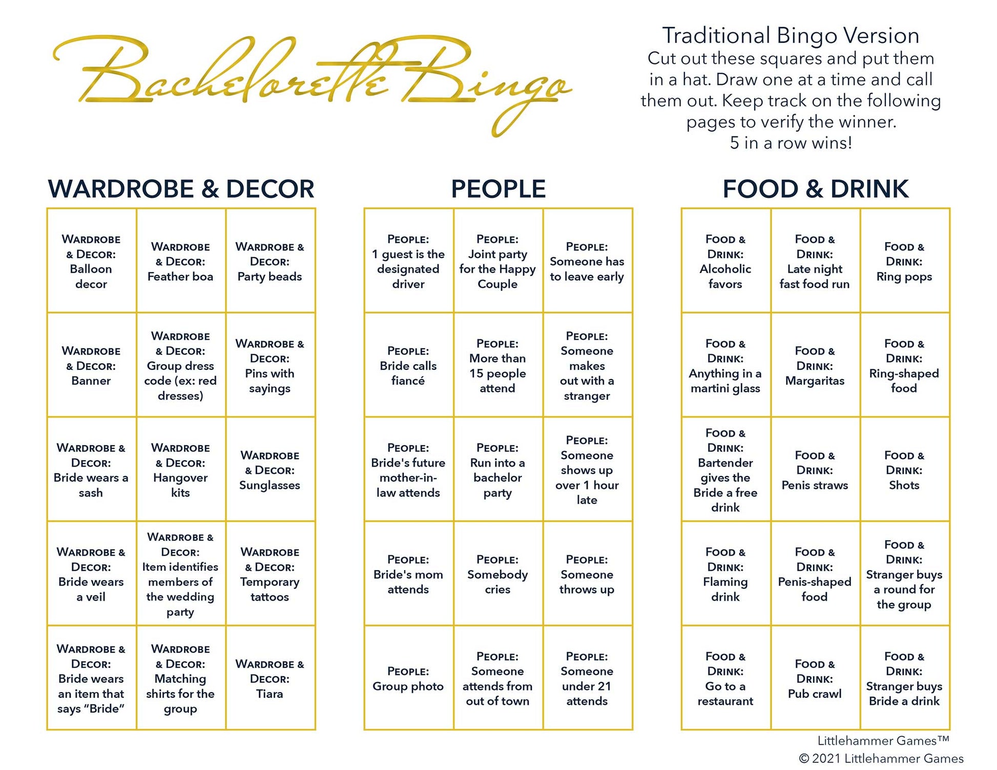 Bachelorette Bingo calling card with gold text on a white background
