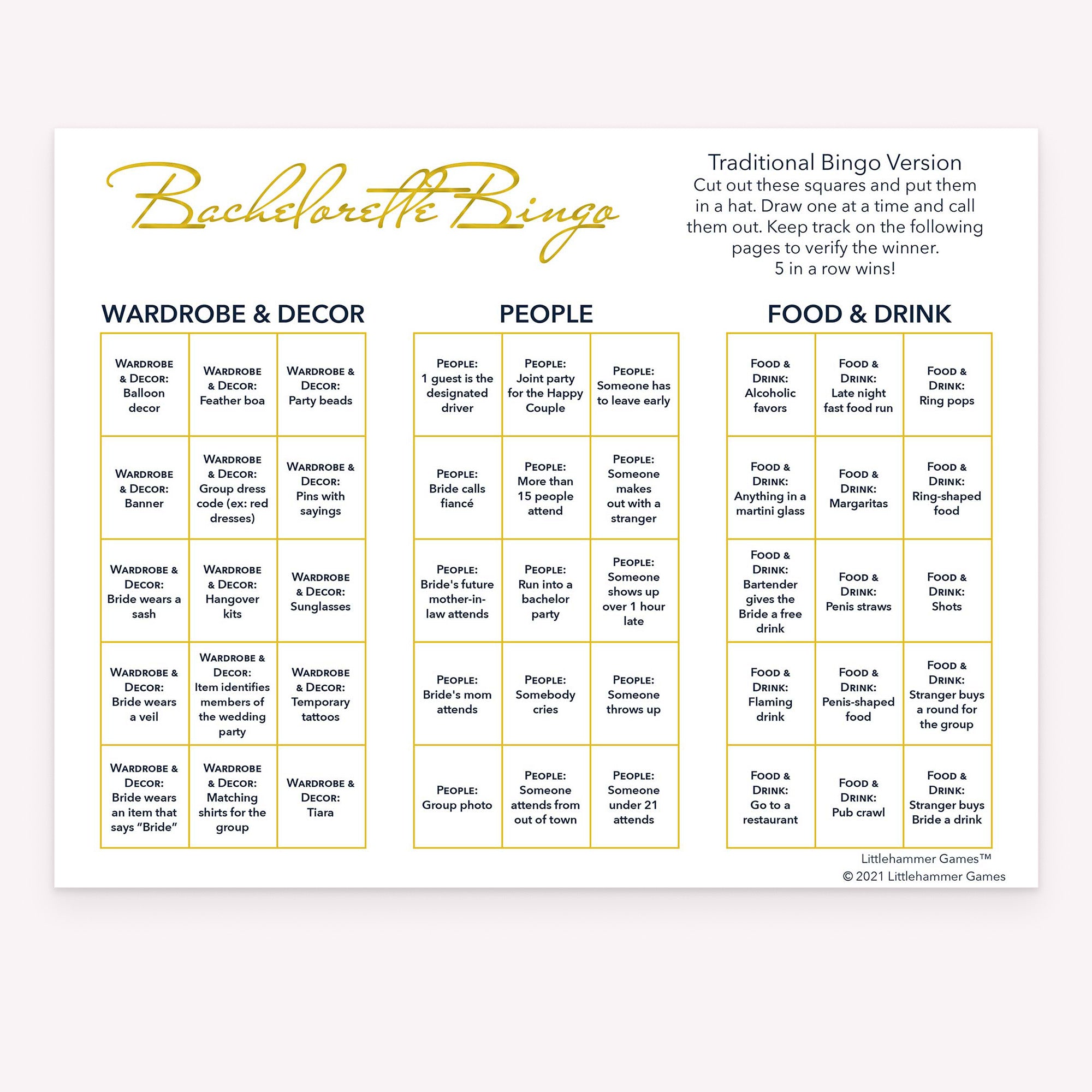 Bachelorette Bingo calling card with gold text on a white background