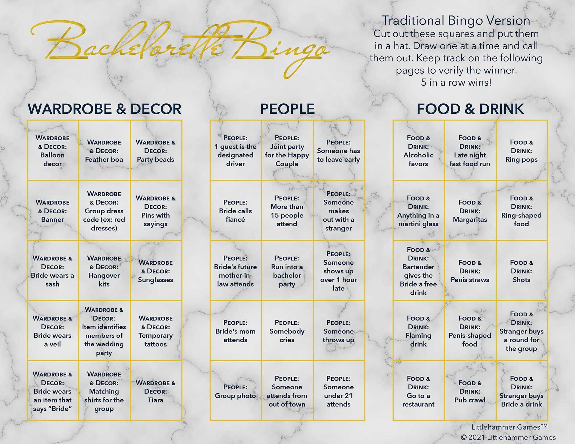 Bachelorette Bingo calling card with gold text on a marble background