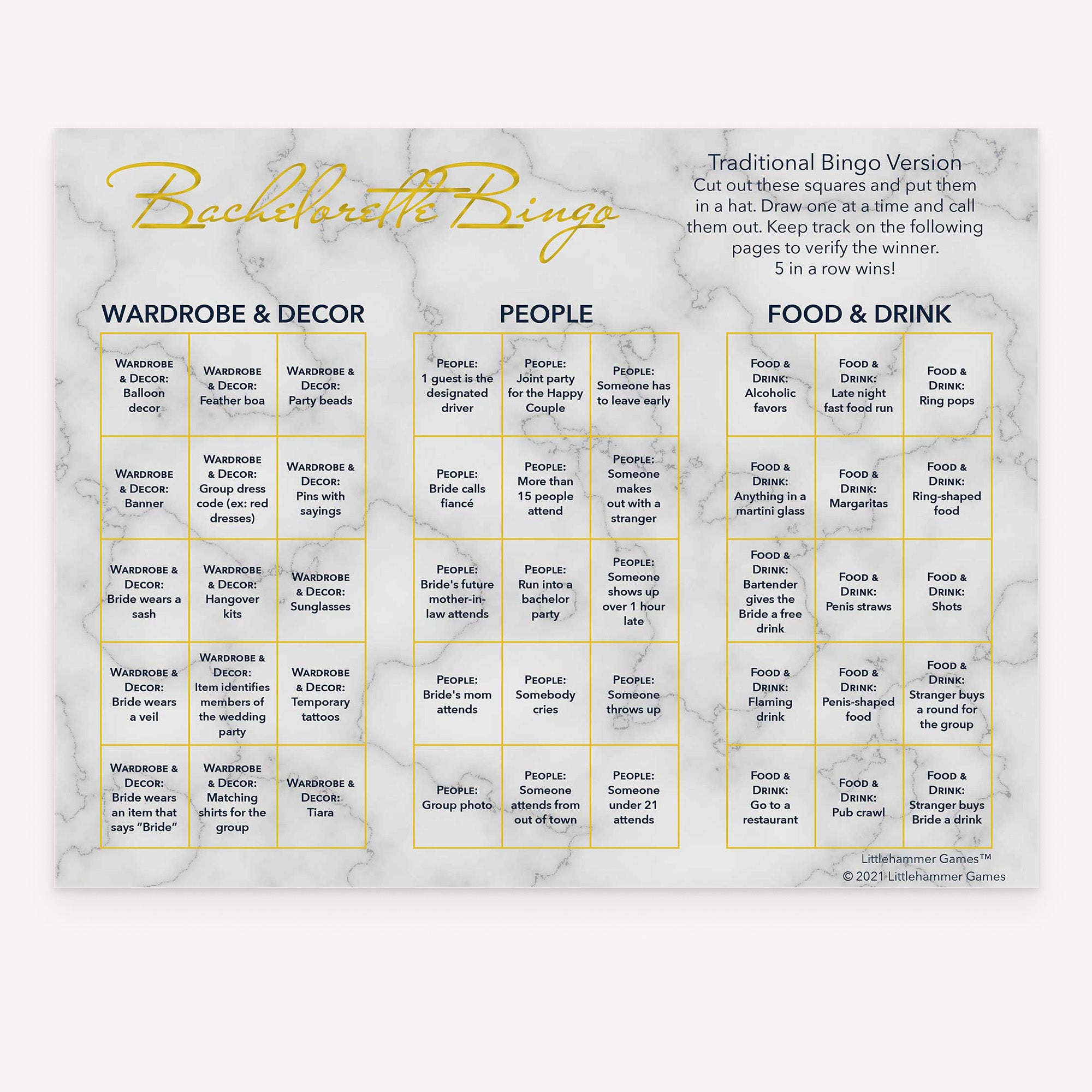 Bachelorette Bingo calling card with gold text on a marble background