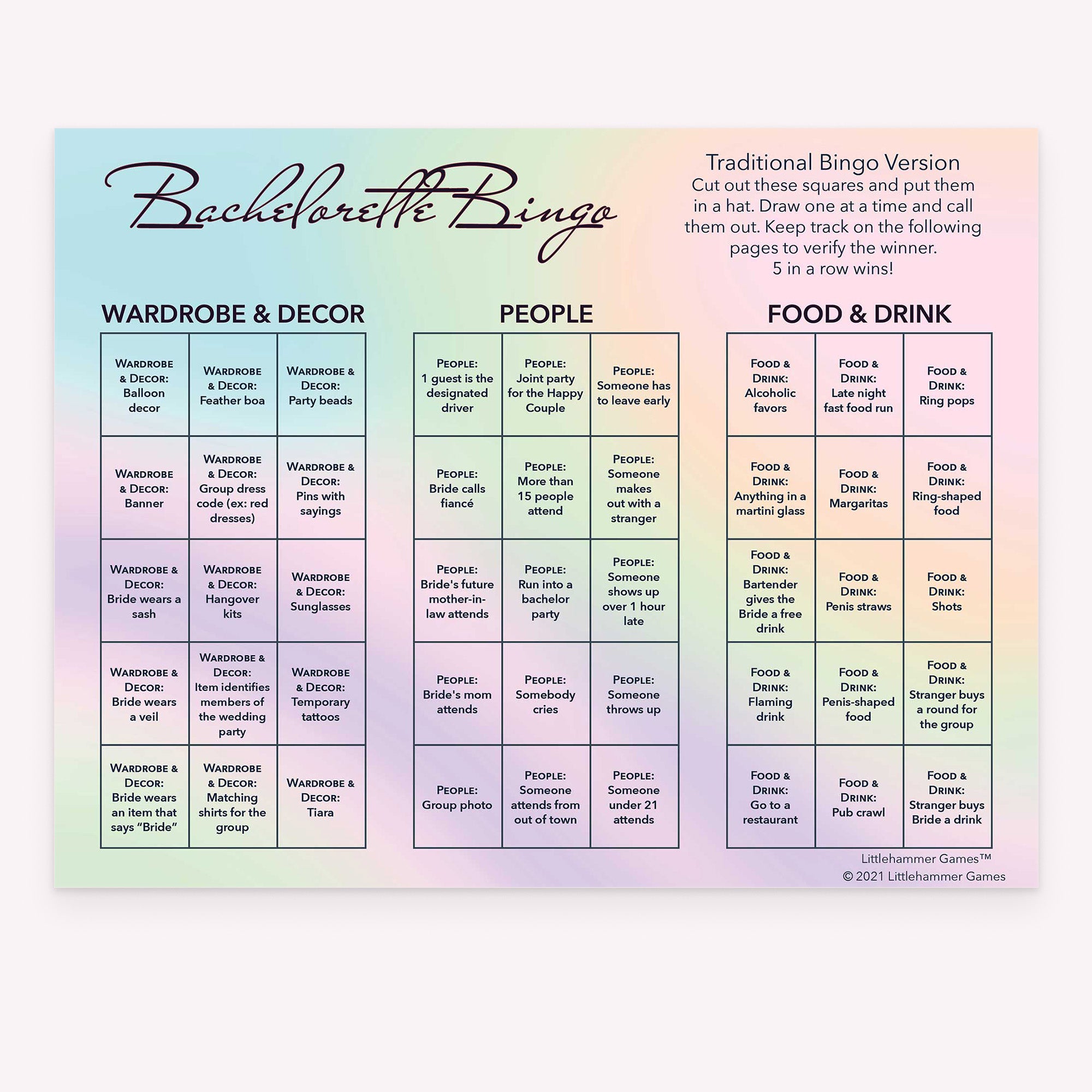 Bachelorette Bingo calling card with a holographic-themed background