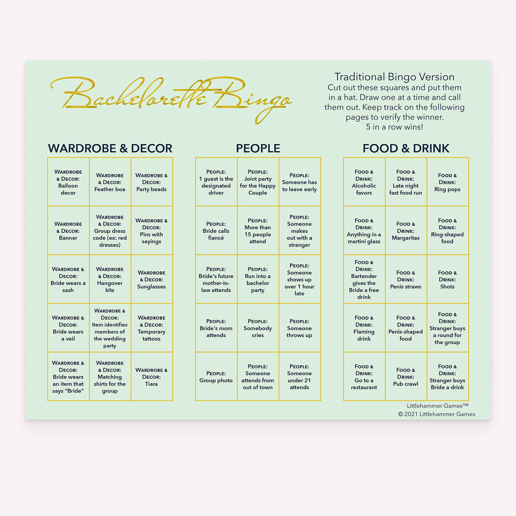 Bachelorette Bingo bachelorette party calling card with mint and gold layout
