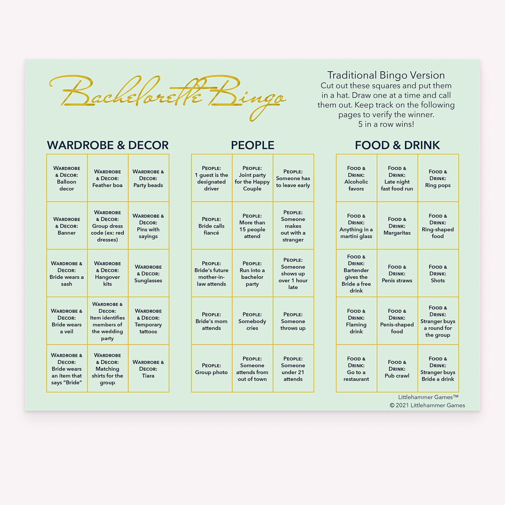 Bachelorette Bingo calling card with gold text on a mint background