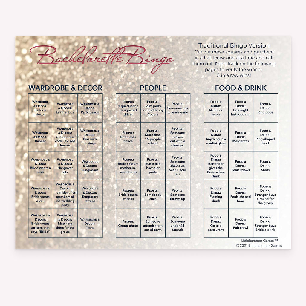Bachelorette Bingo bachelorette party calling card with a glittery rose gold background