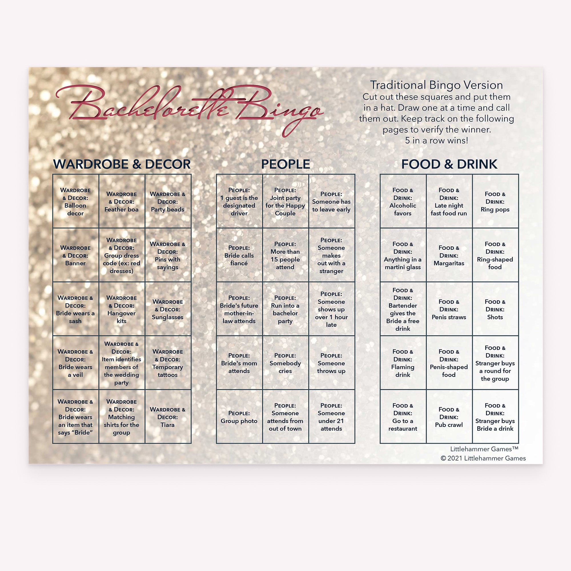 Bachelorette Bingo calling card with a glittery rose gold background