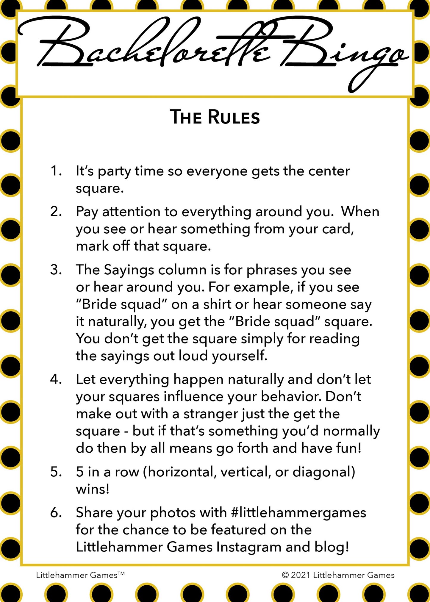 Bachelorette Bingo rules card with a black and gold polka dot background