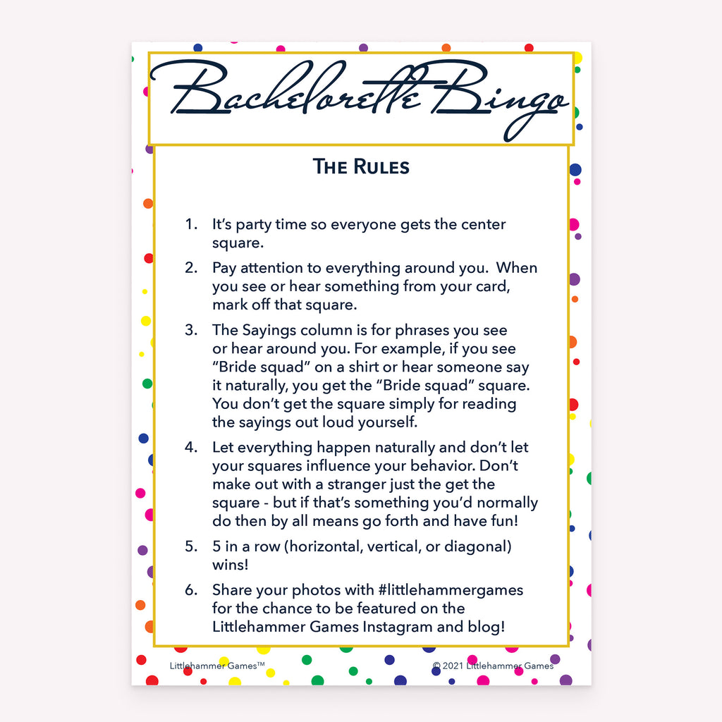 Bachelorette Bingo rules card with a rainbow polka dot background