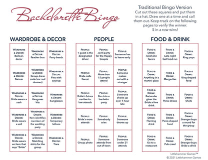 Bachelorette Bingo calling card with rose gold text on a white background