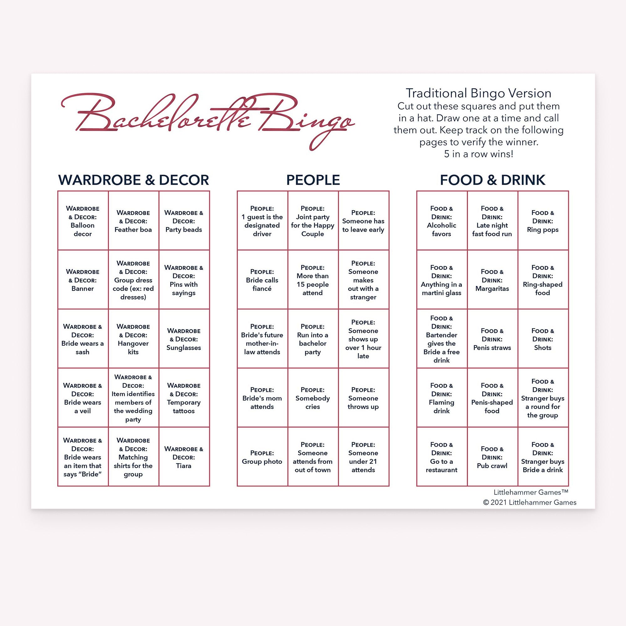 Bachelorette Bingo calling card with rose gold text on a white background