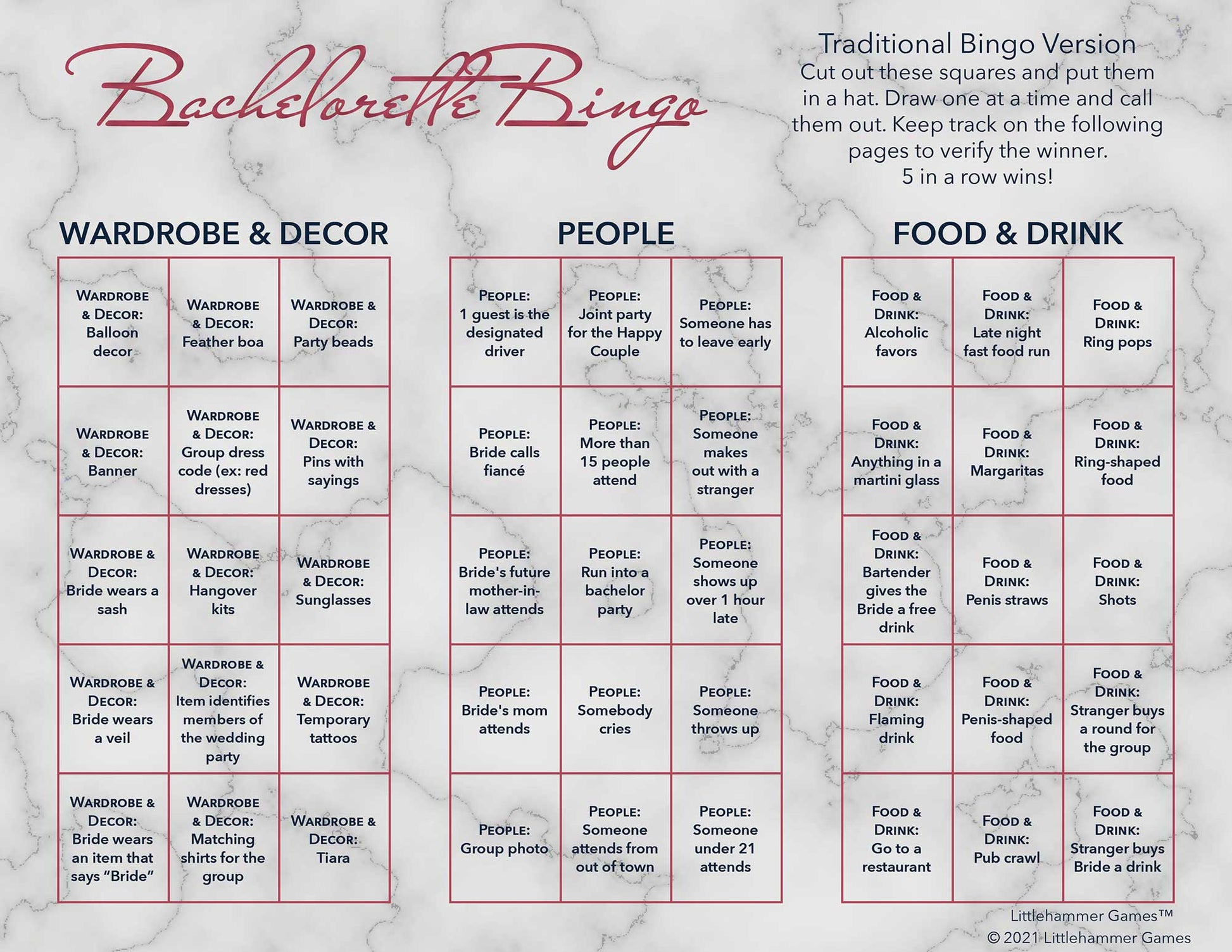 Bachelorette Bingo calling card with rose gold text on a marble background