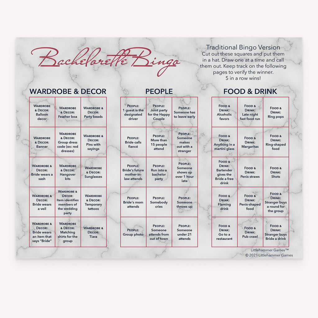 Bachelorette Bingo bachelorette party calling card with a marble and rose gold layout
