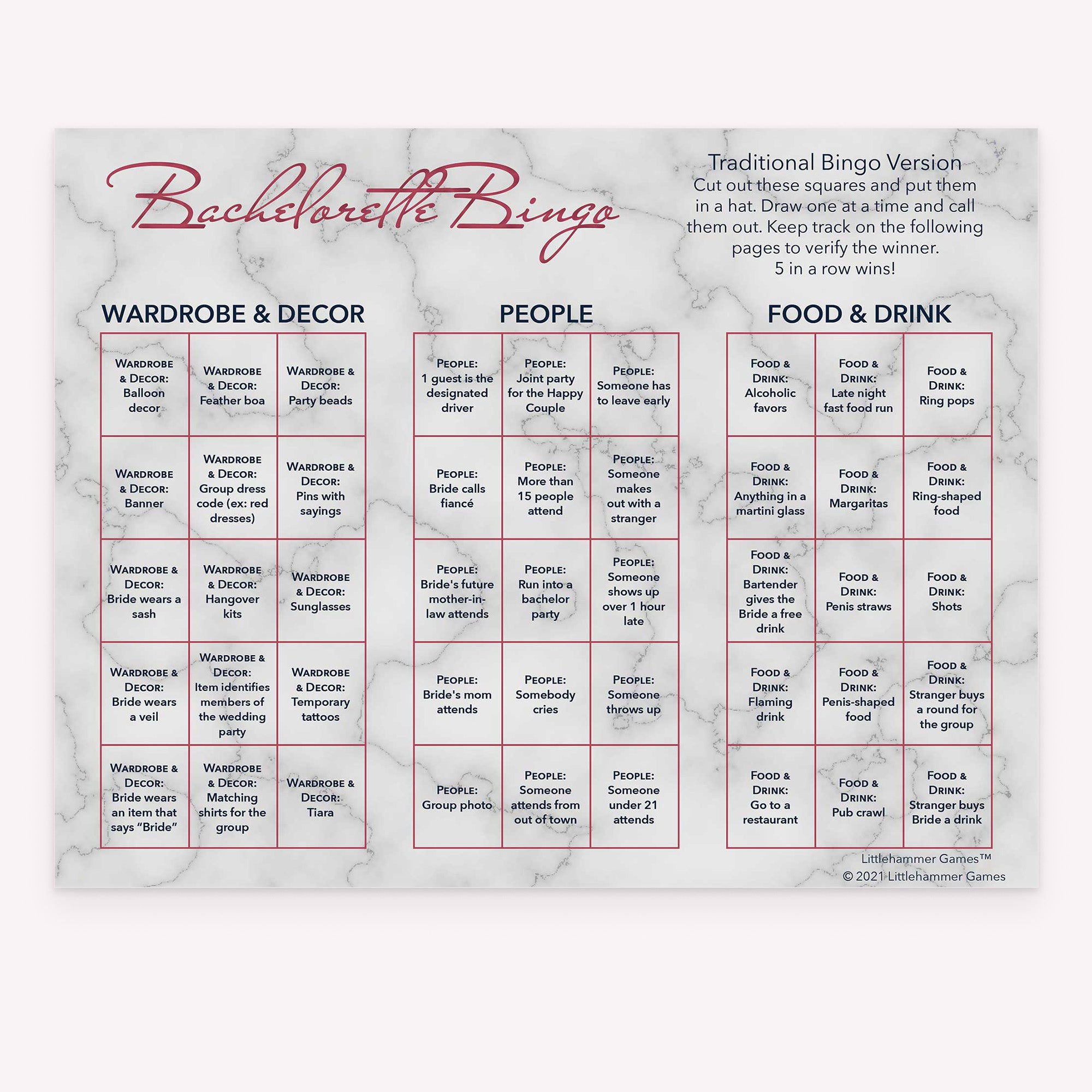 Bachelorette Bingo calling card with rose gold text on a marble background