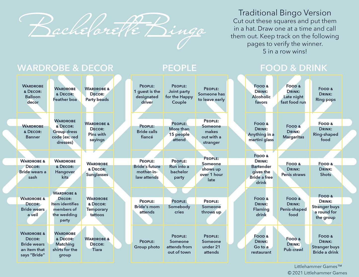 Bachelorette Bingo calling card with a blue and white snowflake background