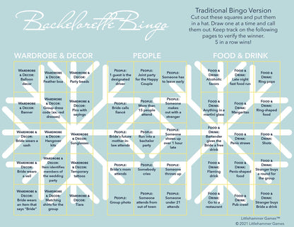 Bachelorette Bingo calling card with a blue and white snowflake background