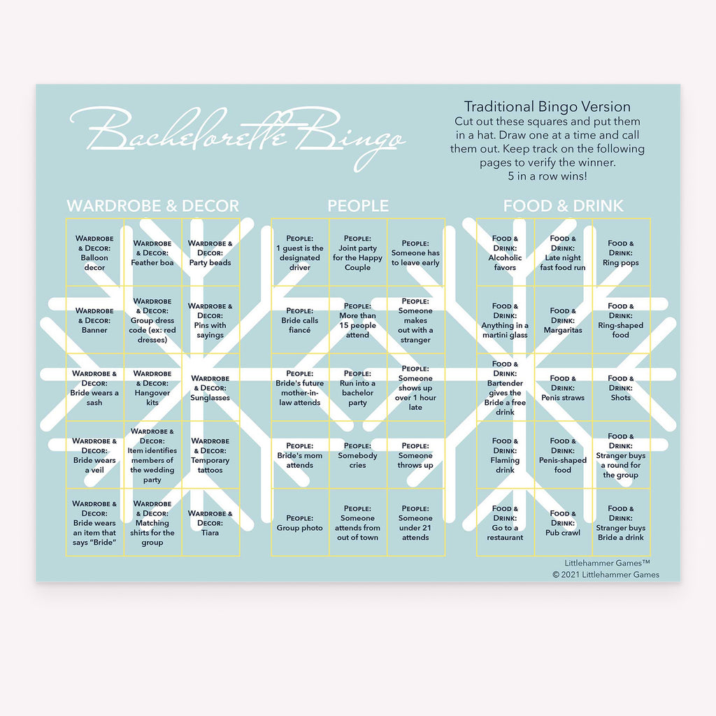 Bachelorette Bingo bachelorette party calling card with snowflake layout