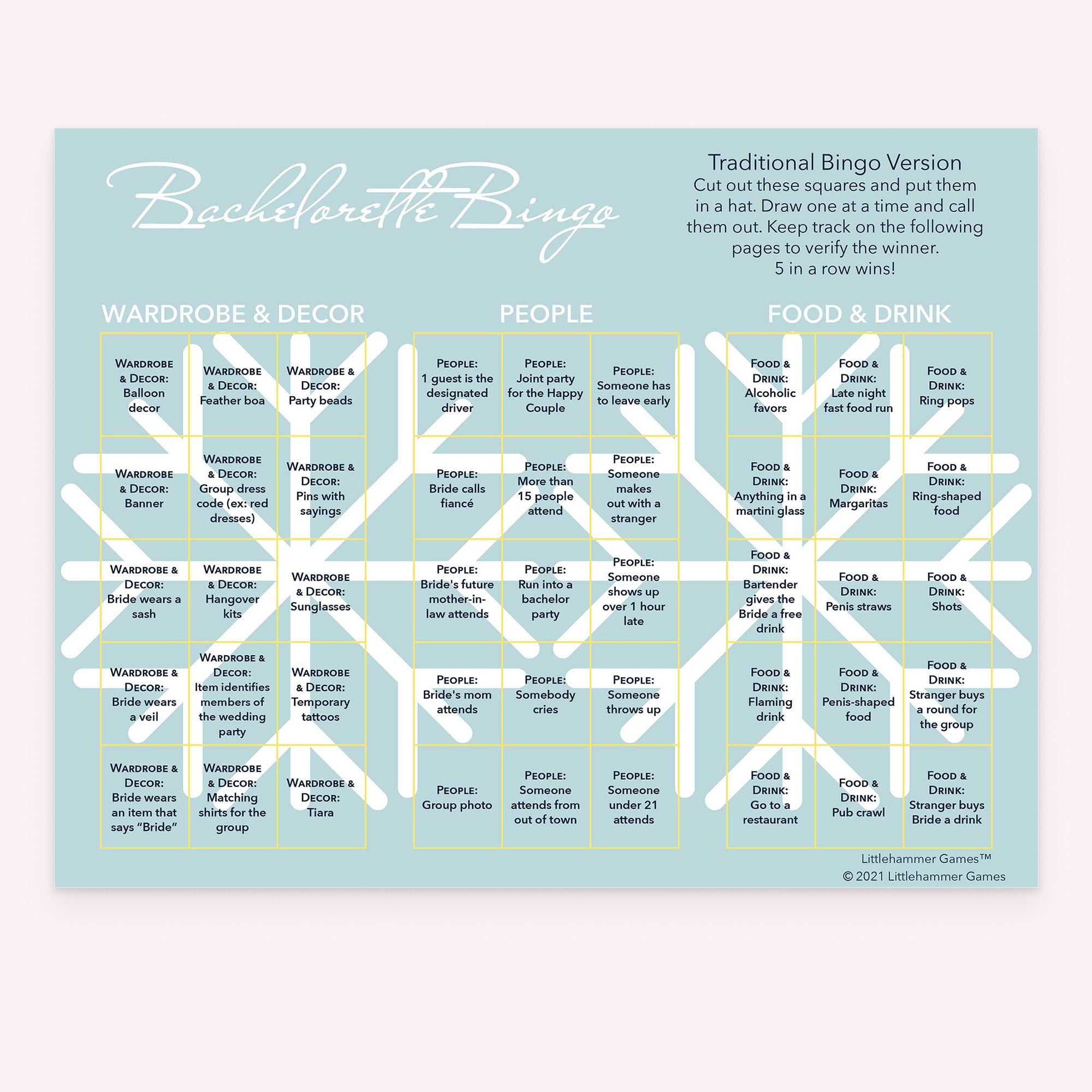Bachelorette Bingo calling card with a blue and white snowflake background