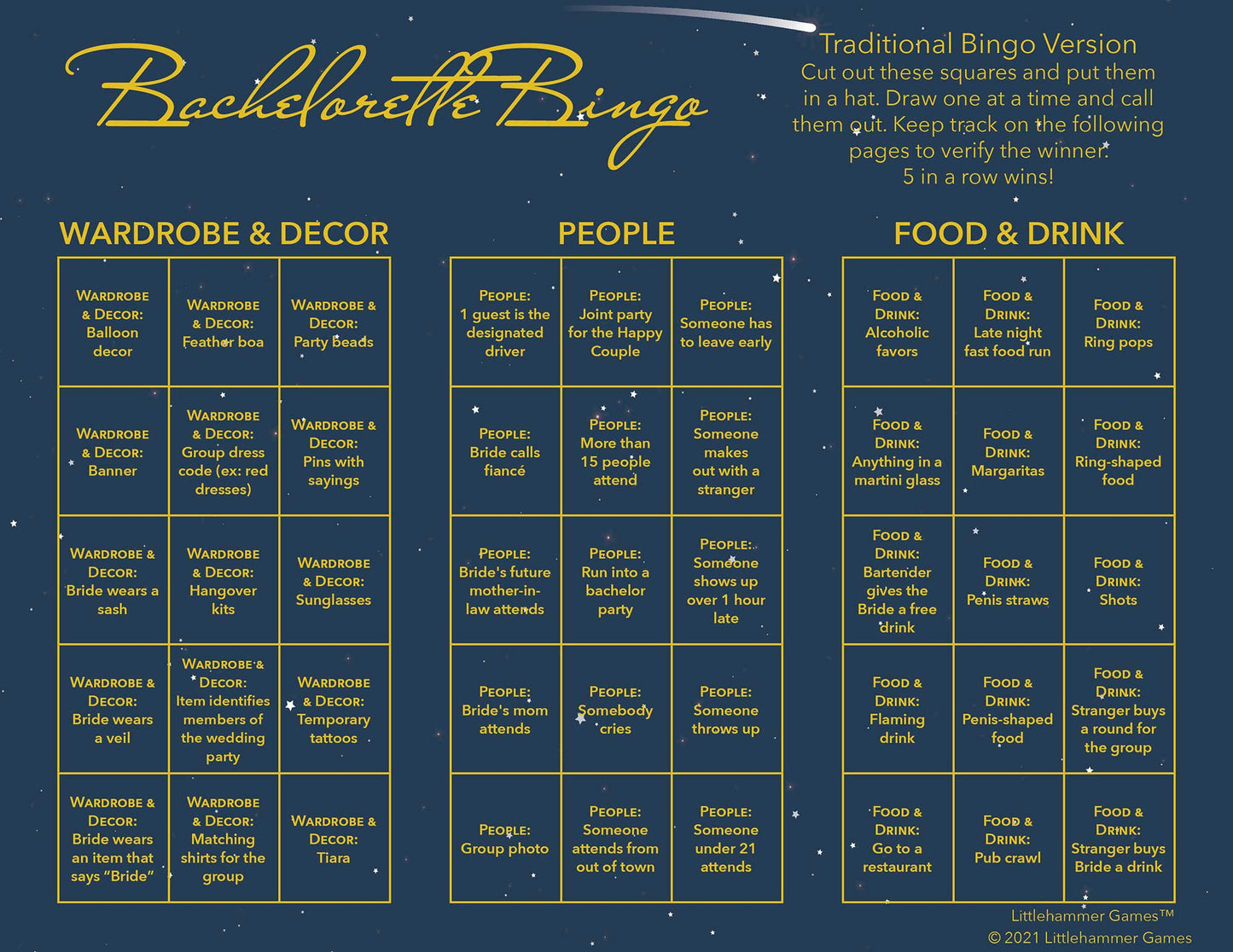 Bachelorette Bingo calling card with gold text on a celestial background