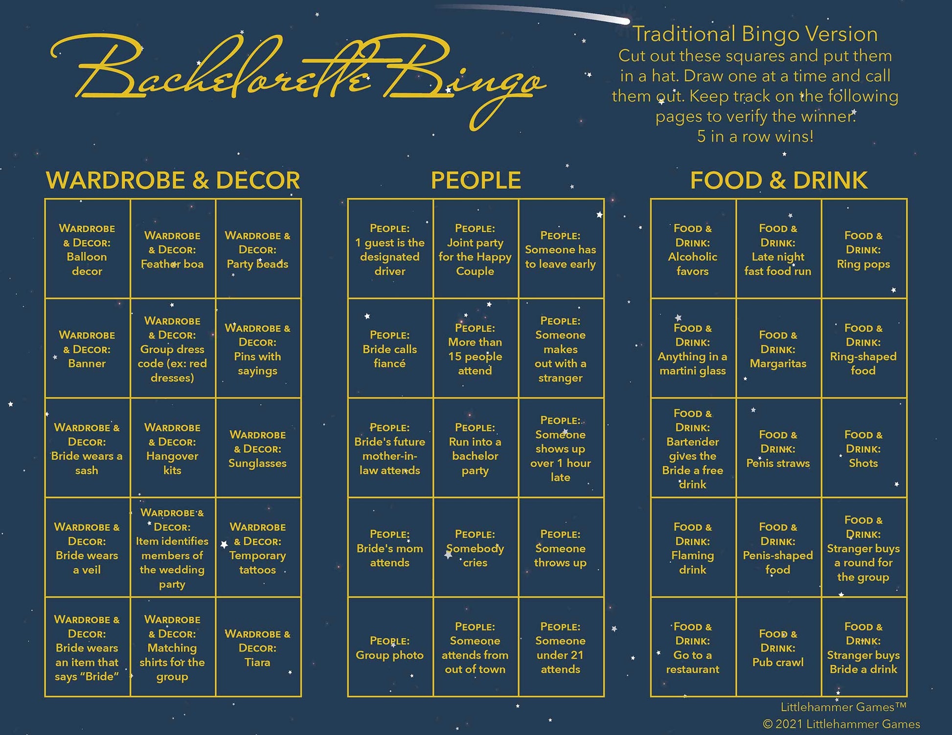 Bachelorette Bingo calling card with gold text on a celestial background