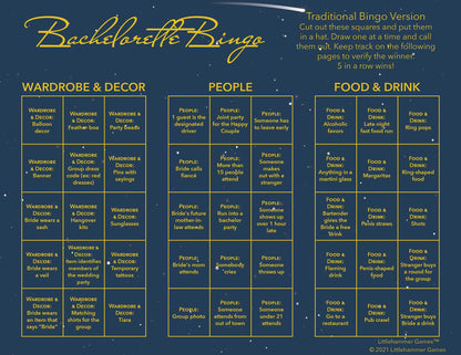 Bachelorette Bingo calling card with gold text on a celestial background