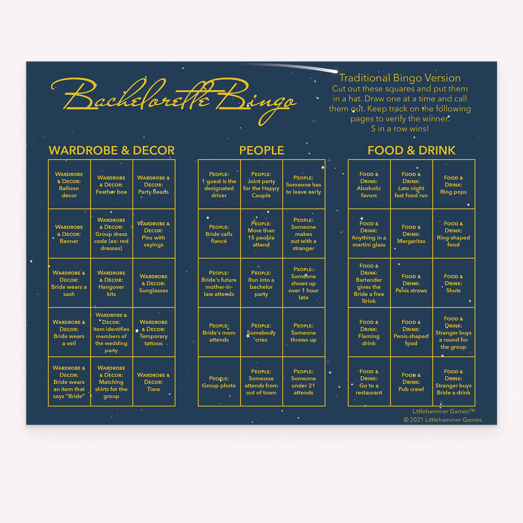 Bachelorette Bingo bachelorette party calling card with gold text on a starry night sky background