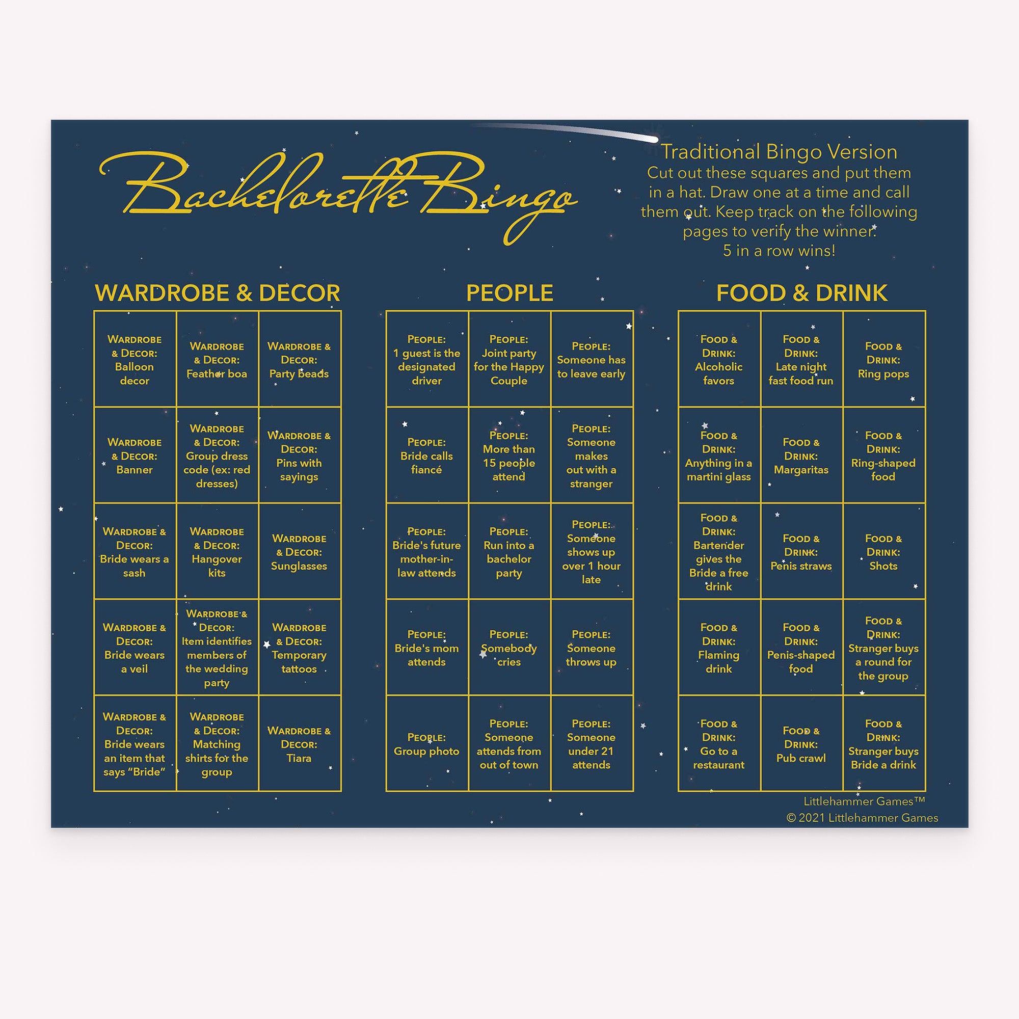 Bachelorette Bingo calling card with gold text on a celestial background