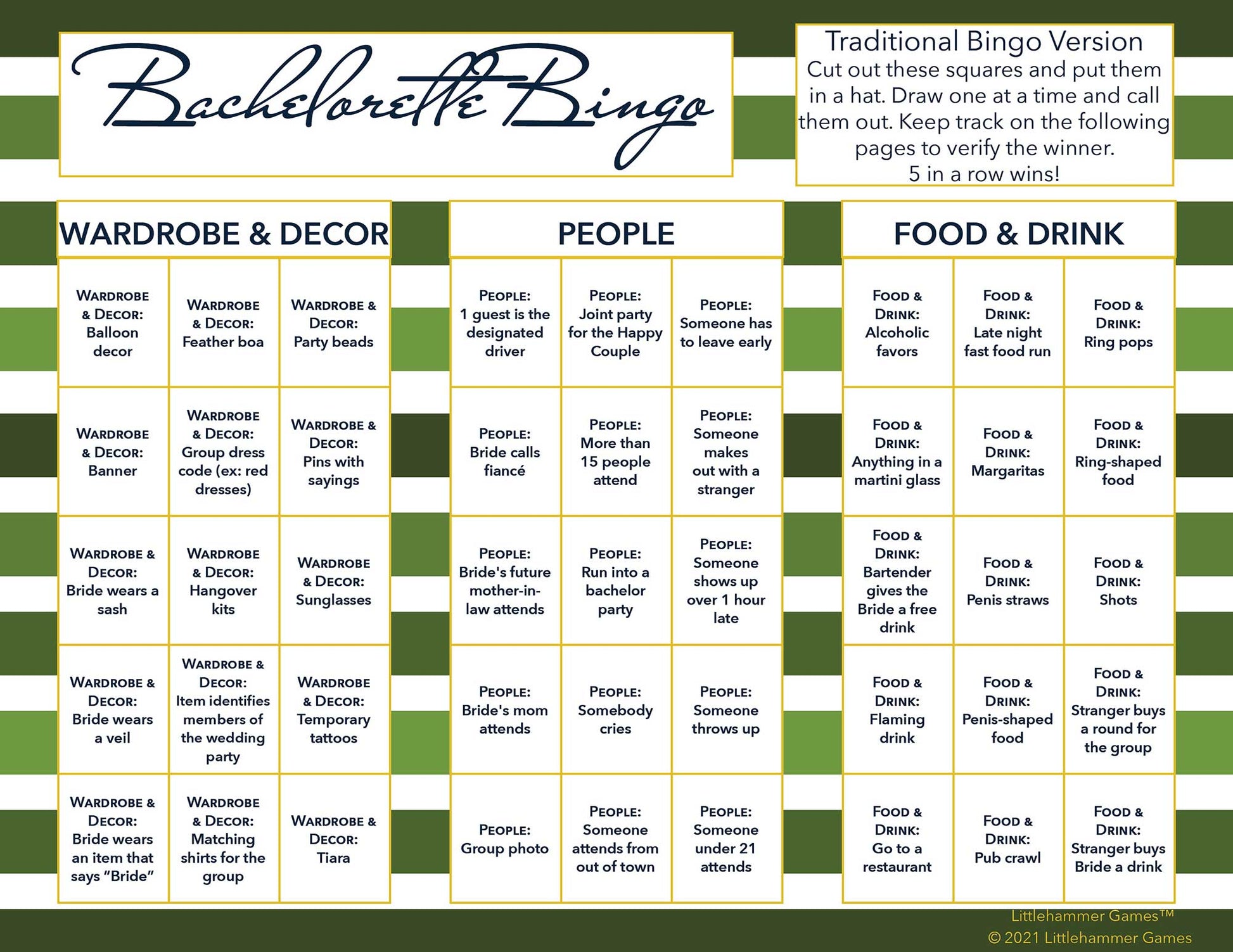 Bachelorette Bingo calling card with a green-striped background