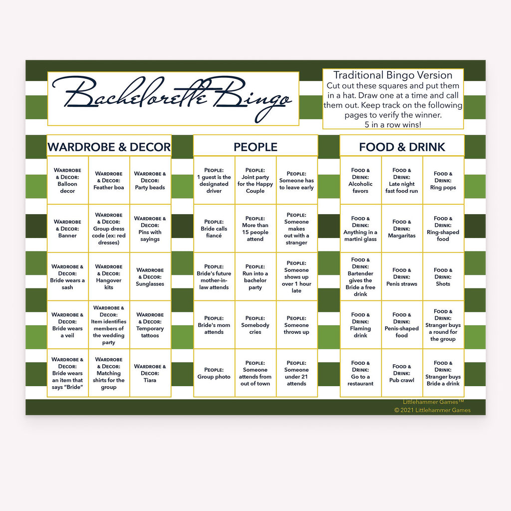 Bachelorette Bingo bachelorette party calling card with green stripes