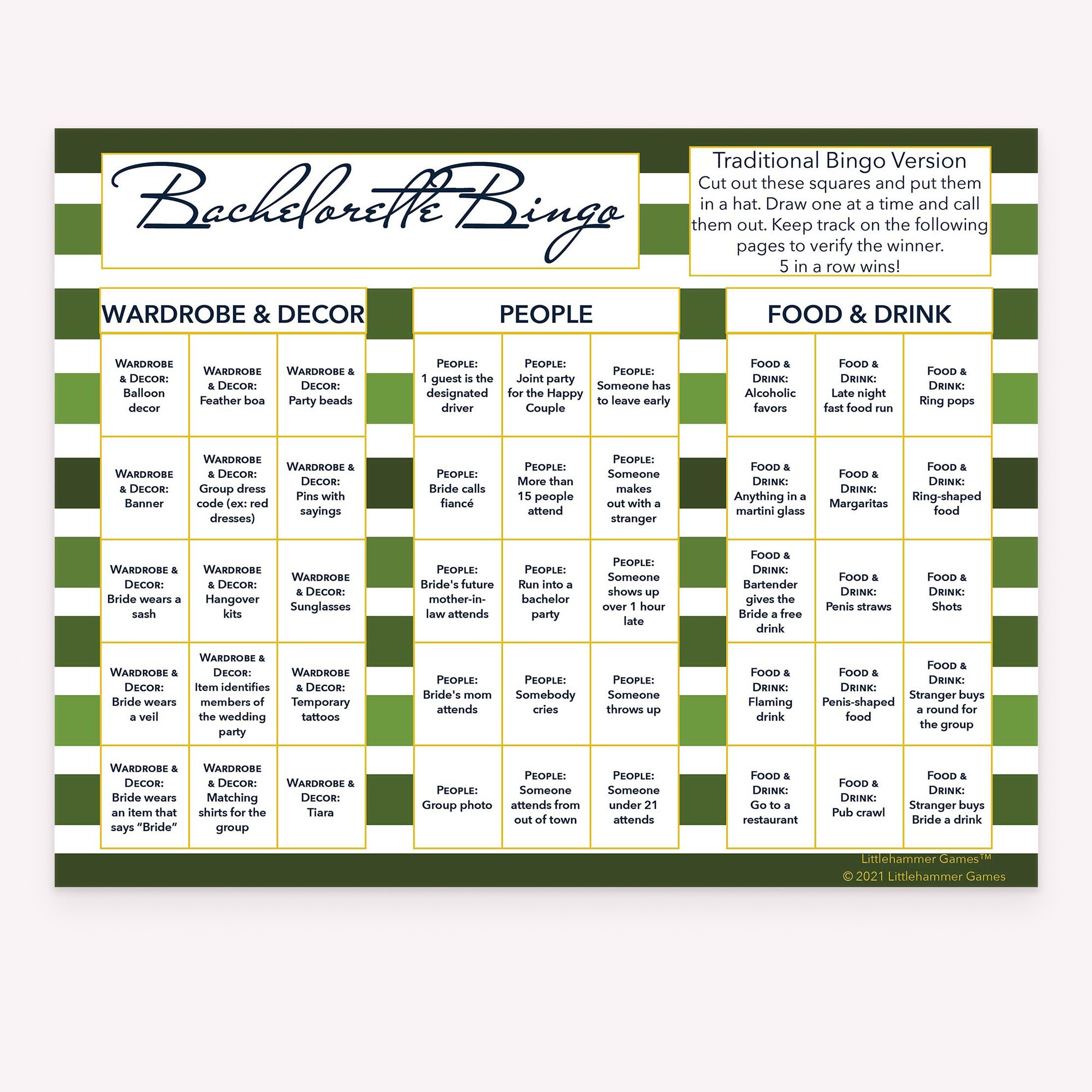 Bachelorette Bingo calling card with a green-striped background