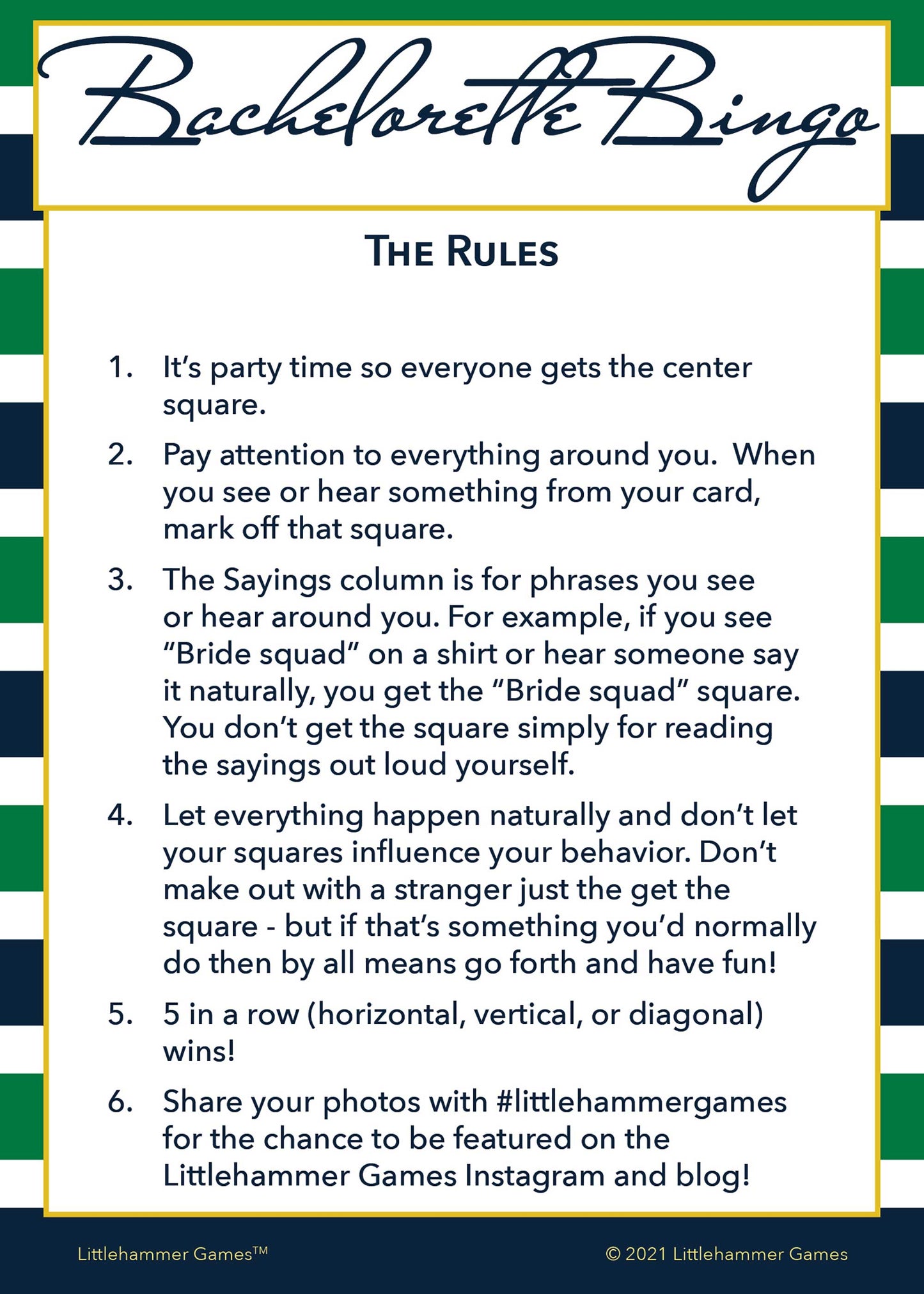Bachelorette Bingo rules card with a green and navy-striped background