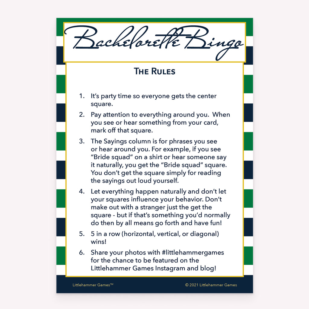 Printable bachelorette party Bachelorette Bingo rules card in green and navy stripe theme