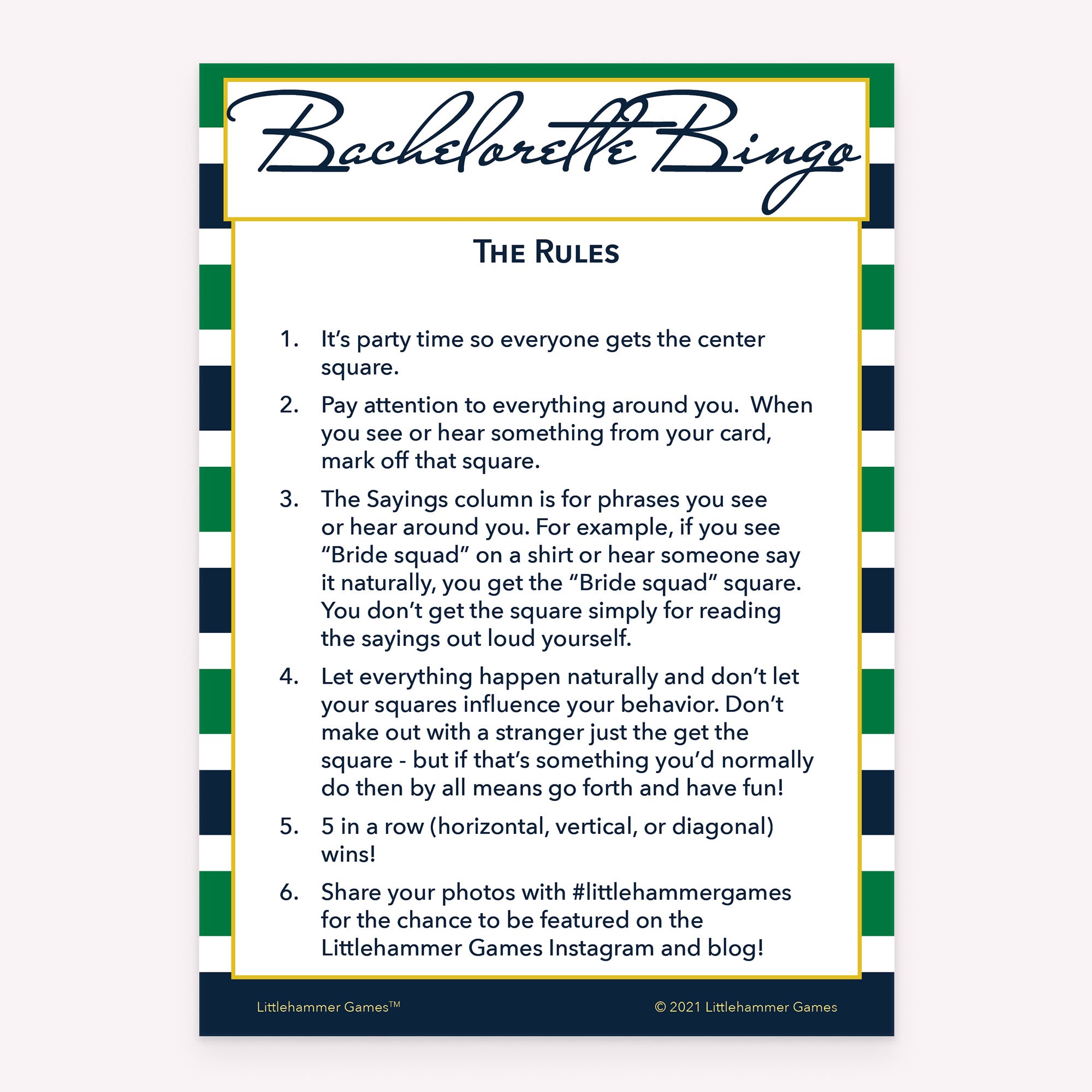 Bachelorette Bingo rules card with a green and navy-striped background