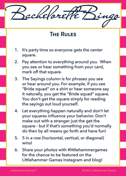 Bachelorette Bingo rules card with a hot pink-striped background