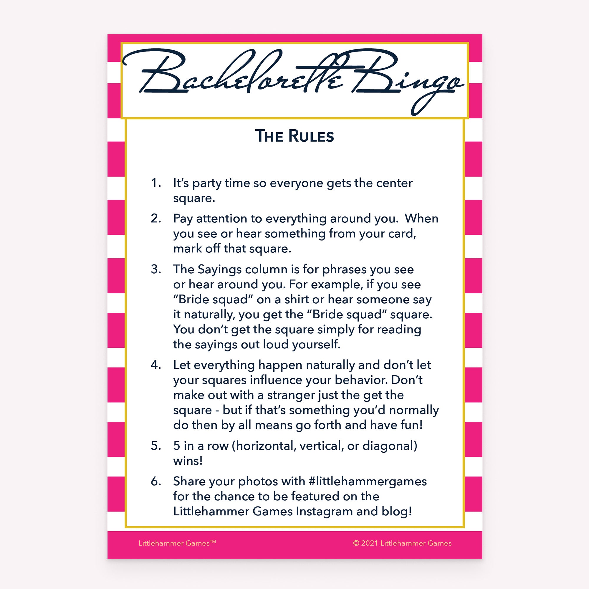 Bachelorette Bingo rules card with a hot pink-striped background