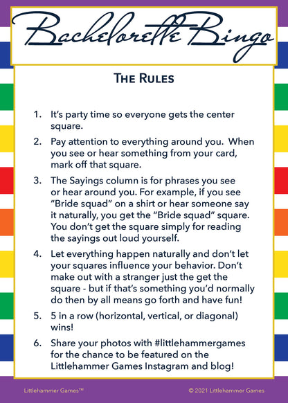 Bachelorette Bingo rules card with a rainbow striped background