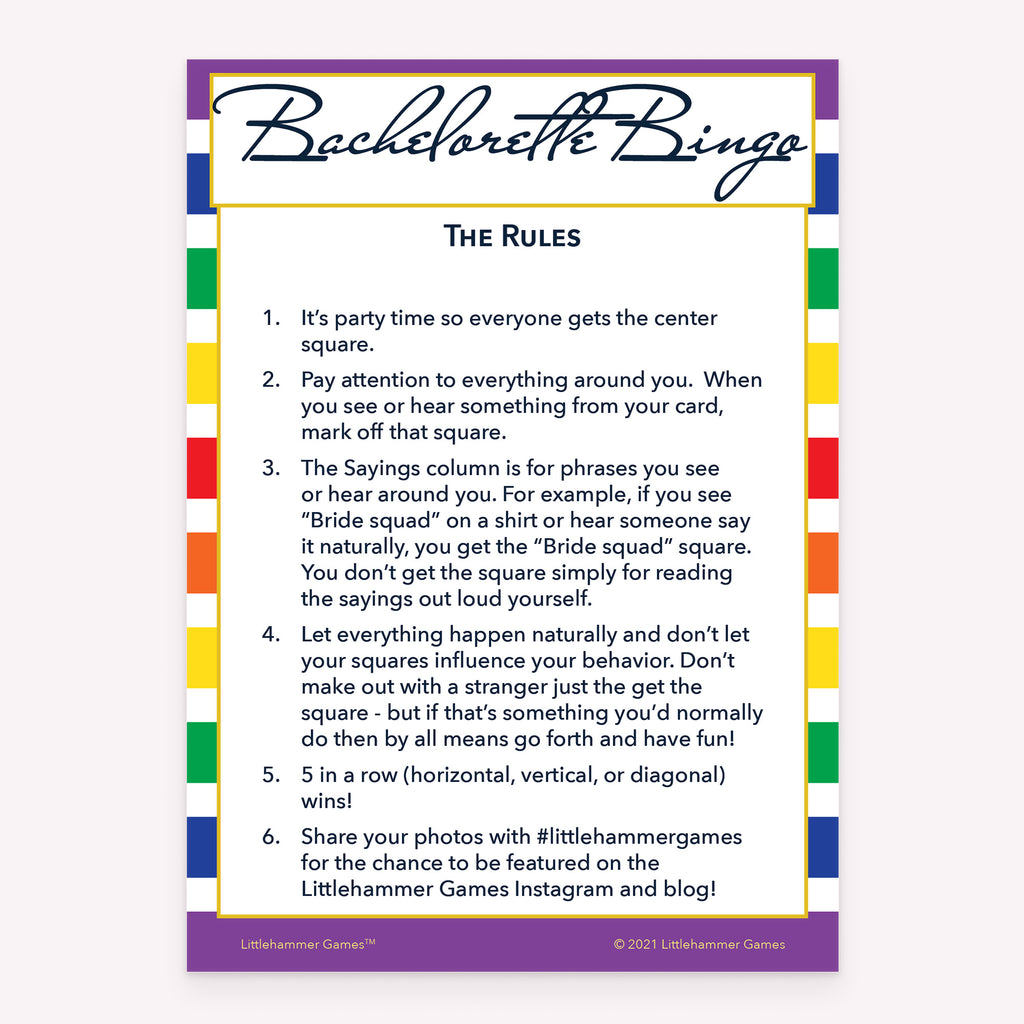 Bachelorette Bingo rules card with a rainbow striped background