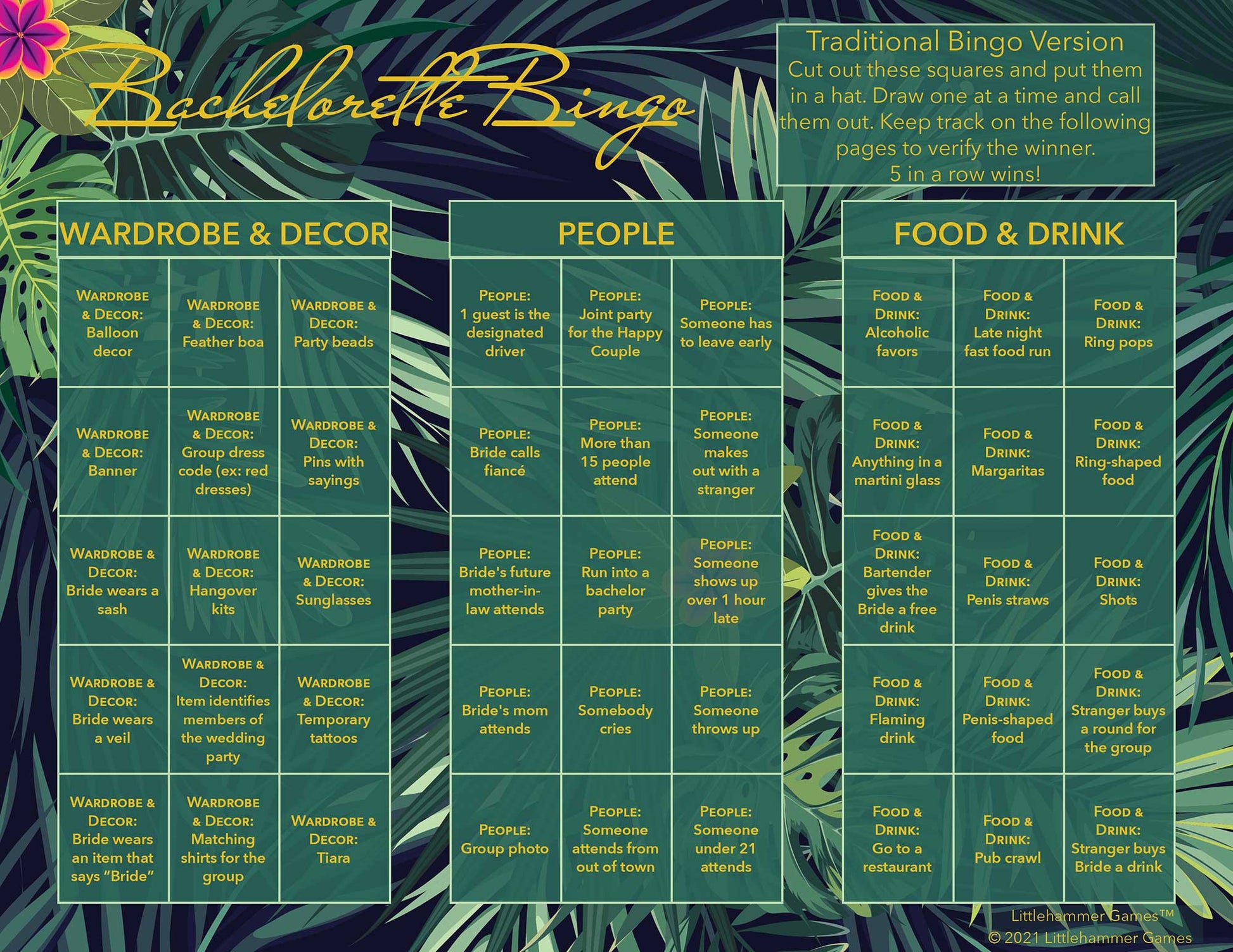 Bachelorette Bingo calling card with gold text on a tropical background