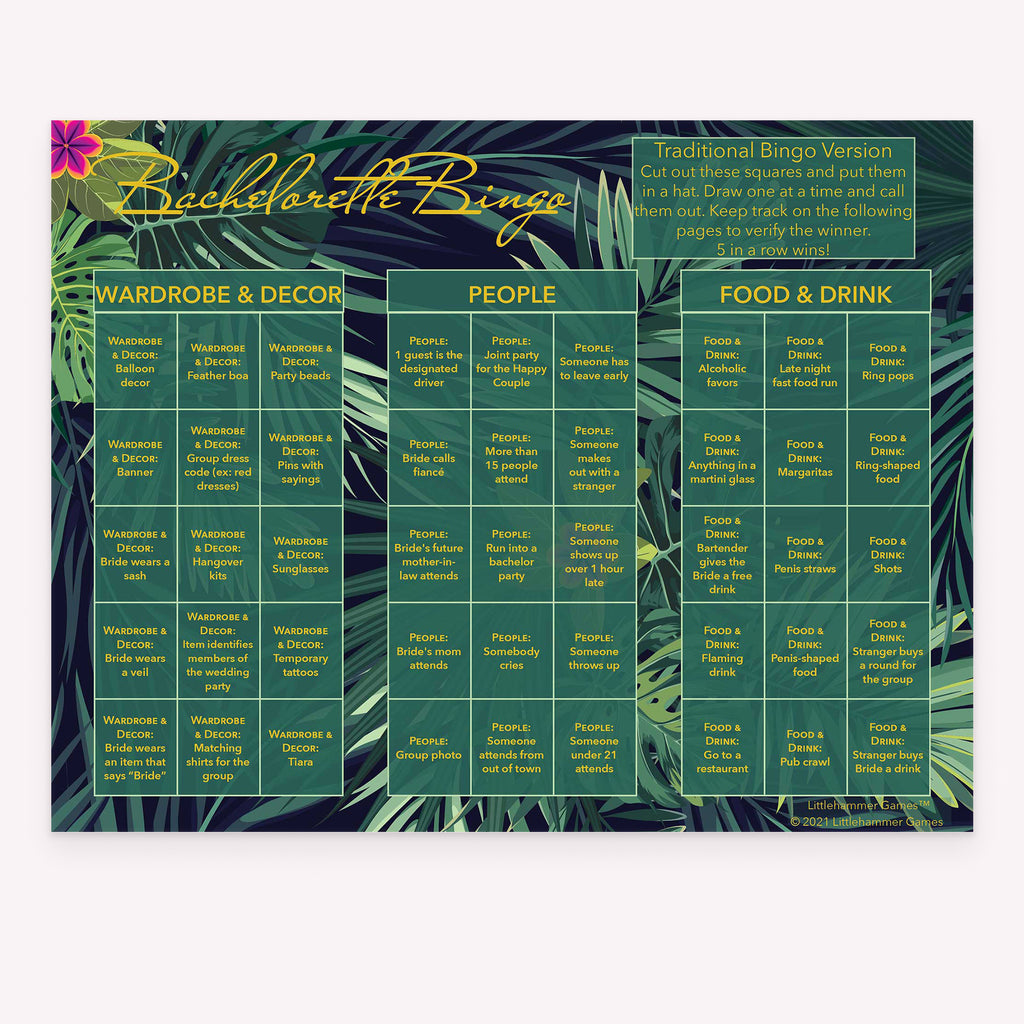 Bachelorette Bingo bachelorette party calling card with tropical-leaves layout