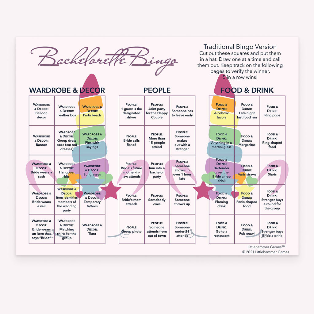 Bachelorette Bingo bachelorette party calling card with unicorn-themed layout