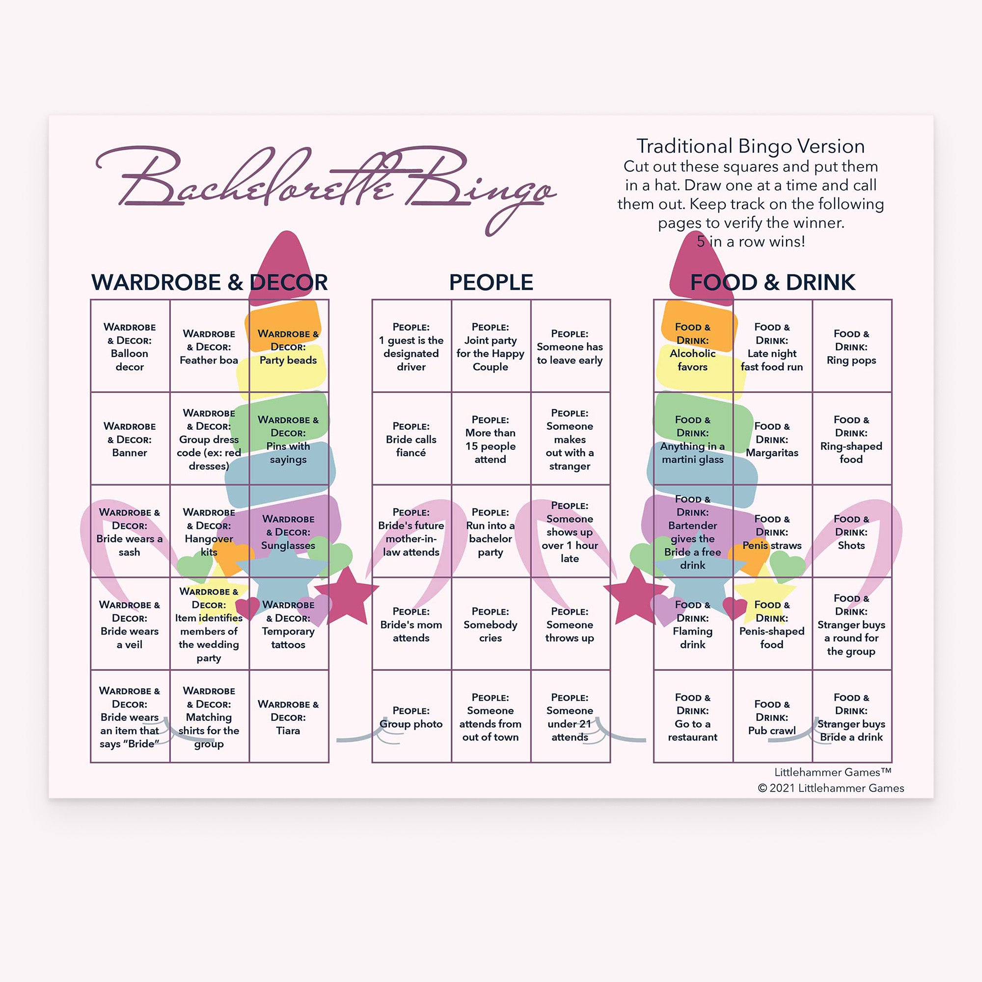 Bachelorette Bingo bachelorette party calling card with unicorn-themed layout