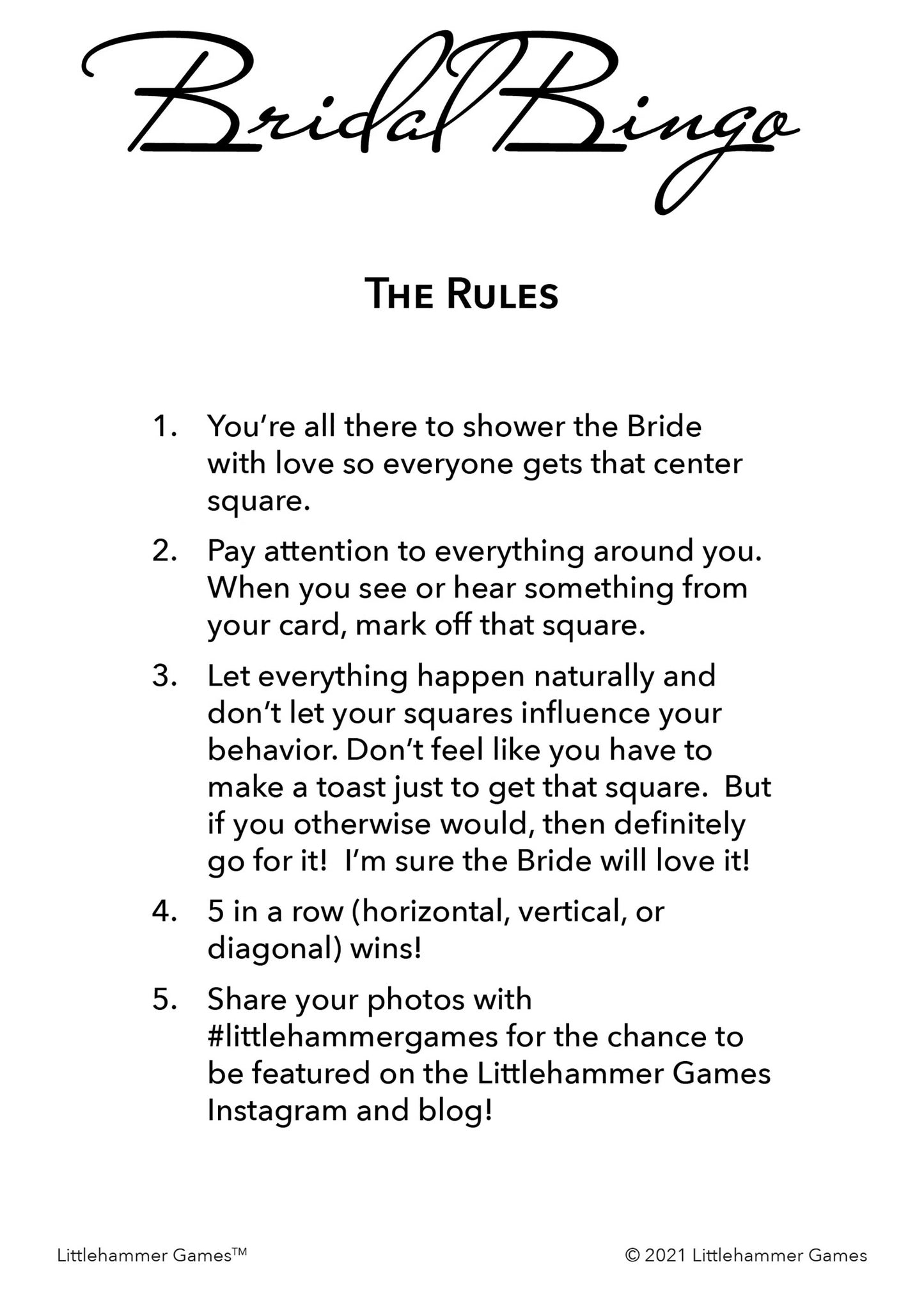 Bridal Bingo rules card with black text on a white background