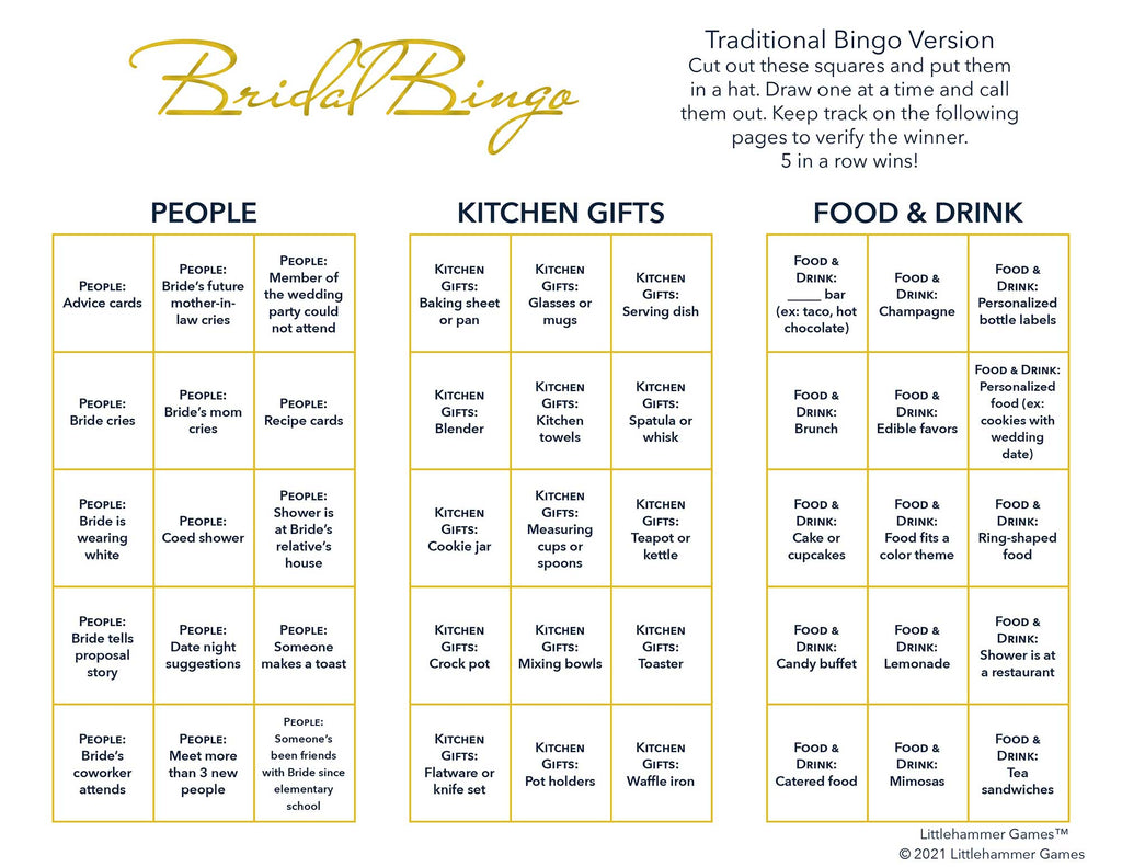 Bridal Bingo calling card with gold text on a white background