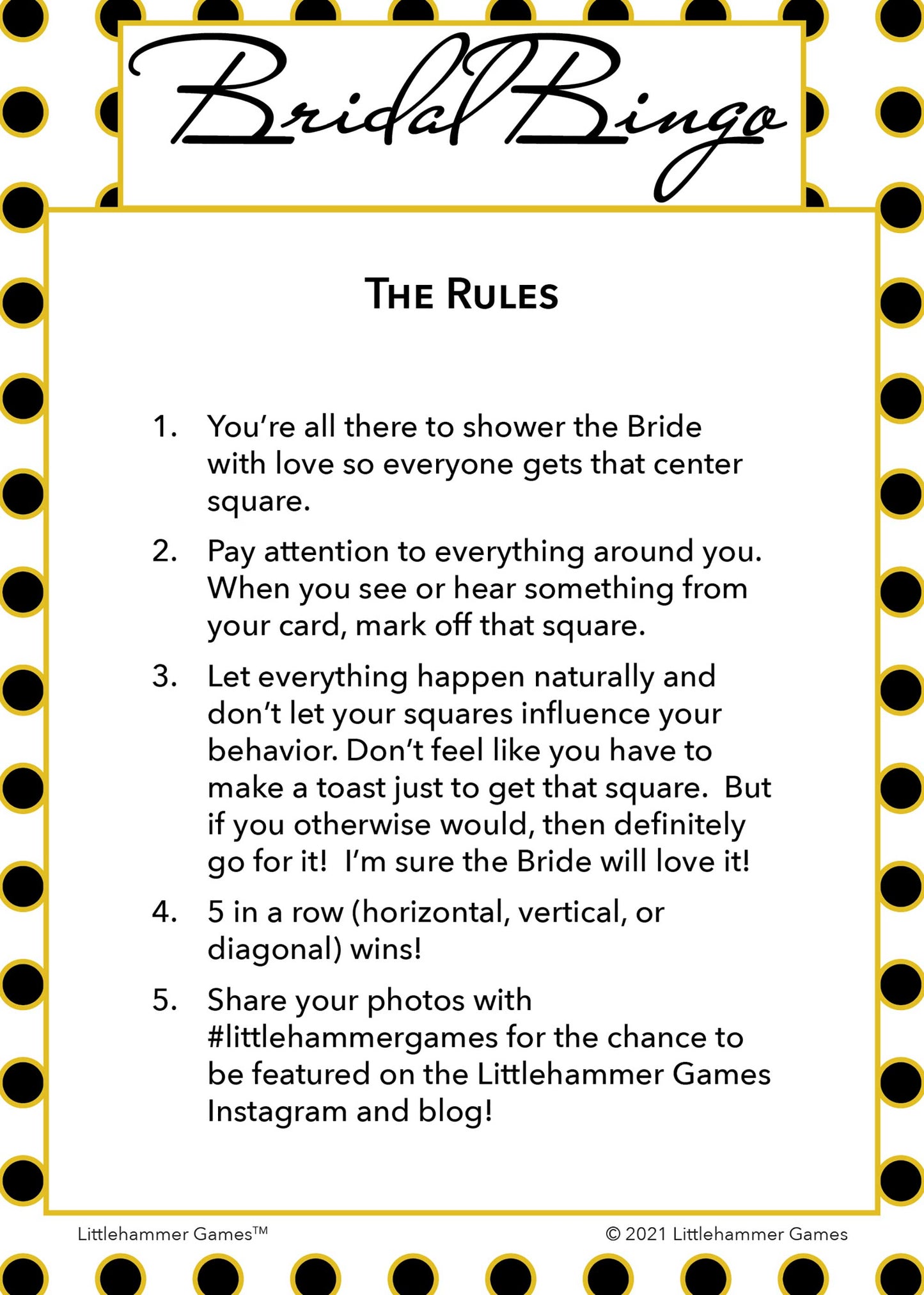 Bridal Bingo rules card on a black and gold polka dot background
