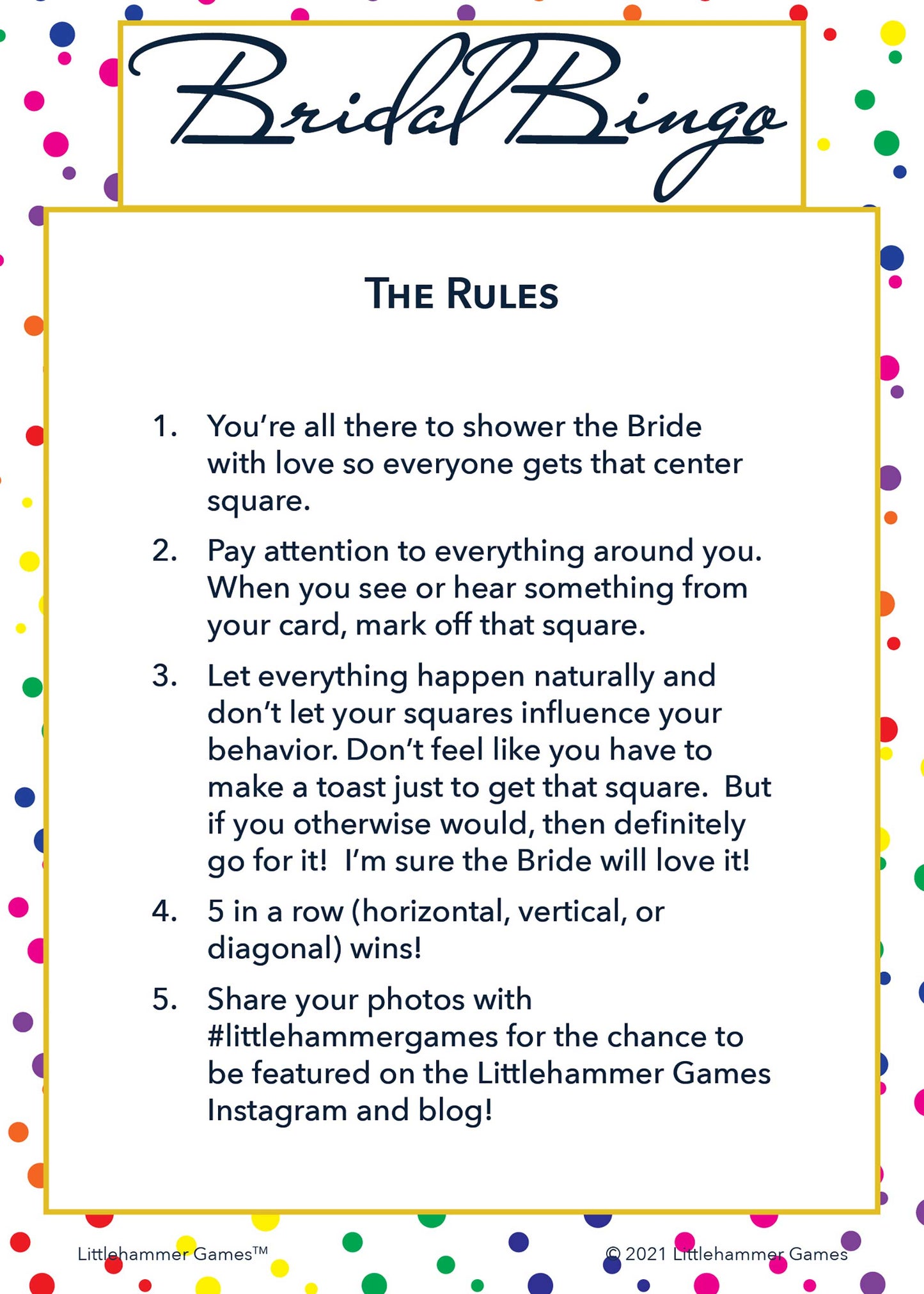 Bridal Bingo rules card on a rainbow polka dot background