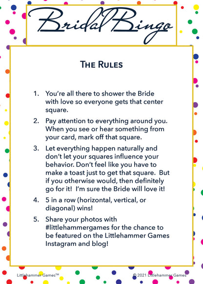 Bridal Bingo rules card on a rainbow polka dot background