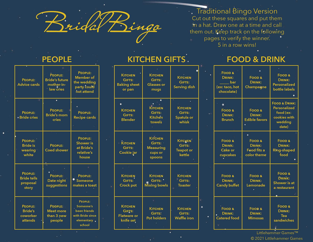 Bridal Bingo calling card on a celestial background