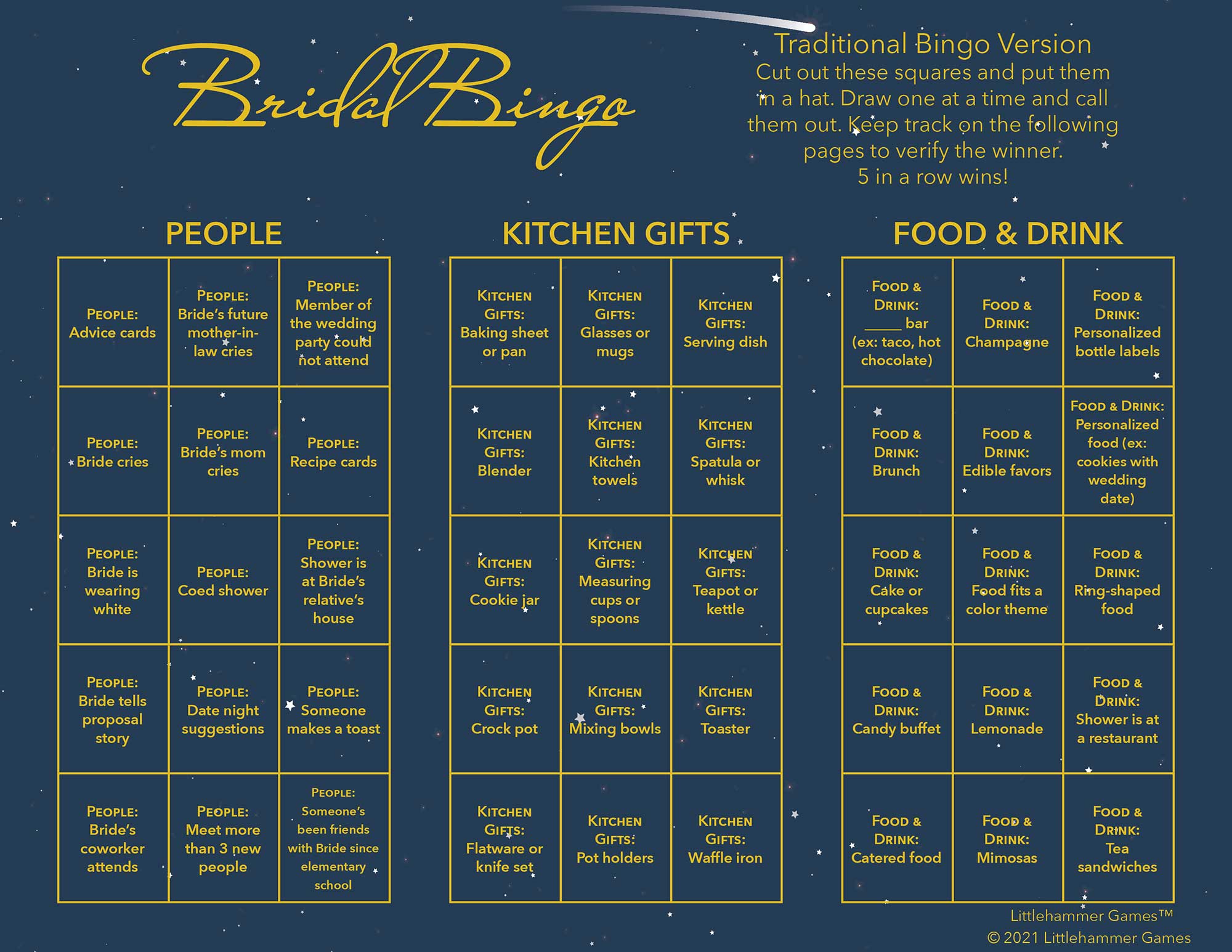 Bridal Bingo calling card on a celestial background